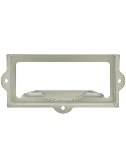 3 1/2 inch Stamped Brass Label Holder and Pull in Satin Nickel.